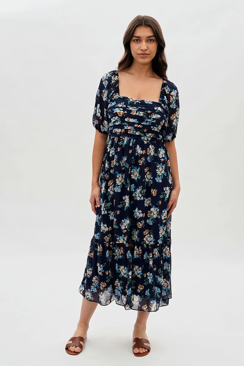 Pleated Square Neck Midi Dress - Navy - Image 5