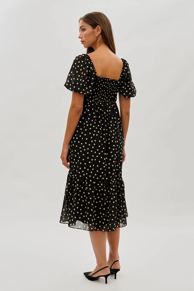 Dotted Pleated Square Neck Midi Dress - Black - Image 3