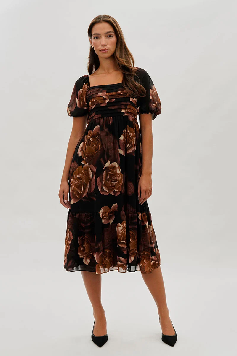 Floral Pleated Square Neck Midi Dress - Black