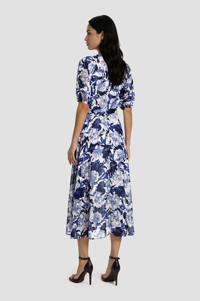 Half Sleeve Flower Print Midi Dress - Blue - Image 2