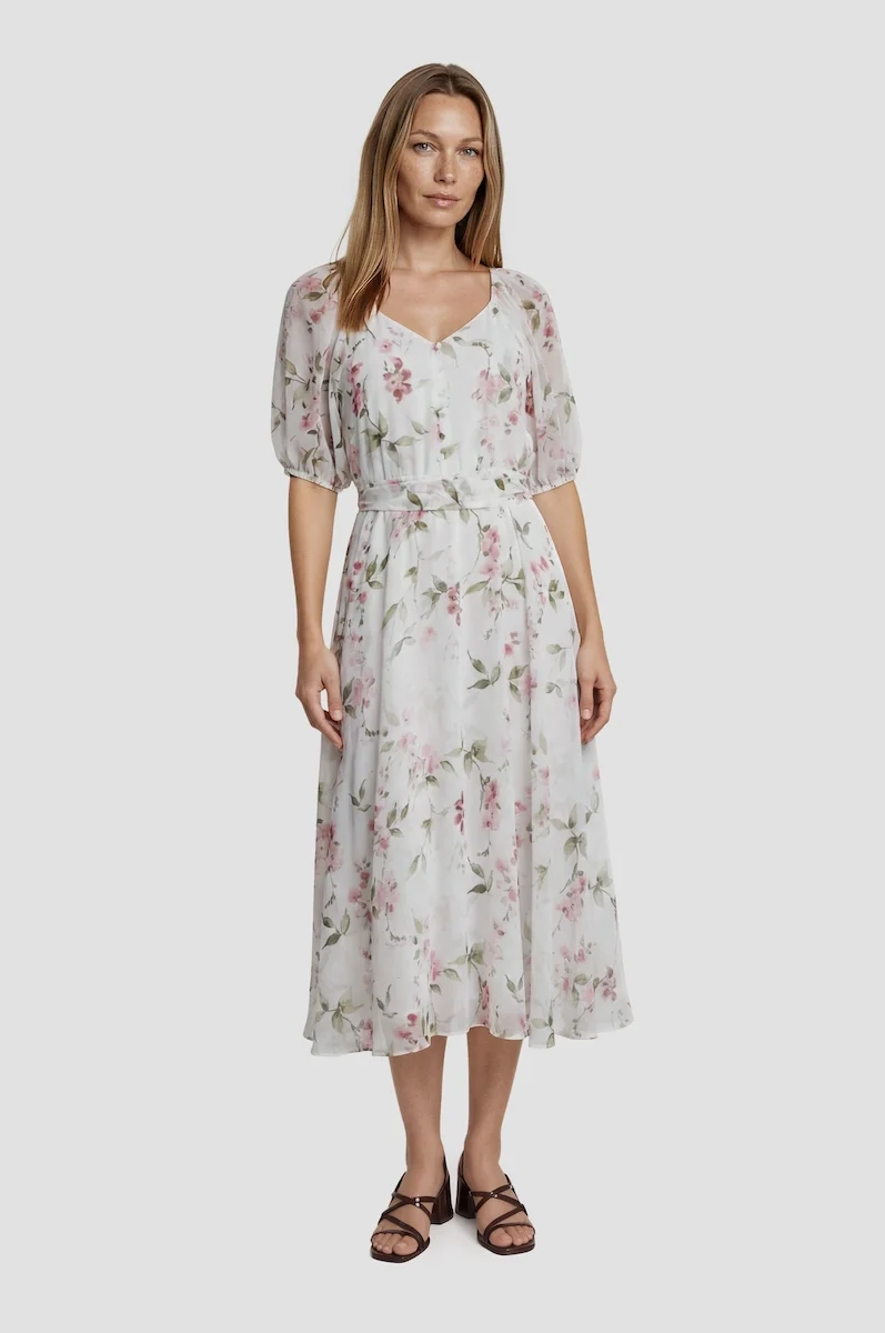 Short Sleeve Chiffon Midi Dress - White