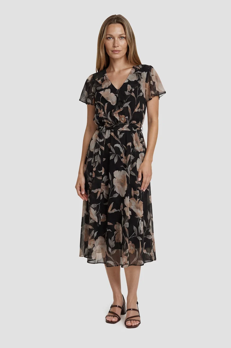 Short Sleeve Chiffon Midi Dress - Black