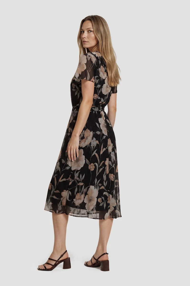 Short Sleeve Chiffon Midi Dress - Black - Image 2