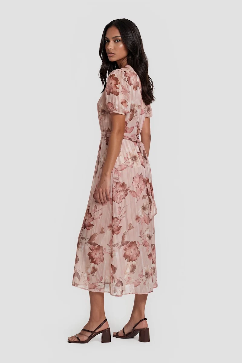 Short Sleeve V Neck Printed Midi Dress - Pink - Image 2
