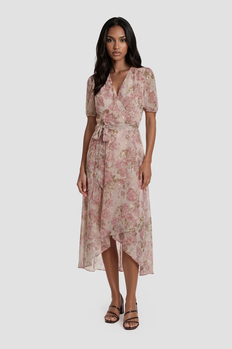 Short Sleeve Chiffon Wrap Dress - Pink