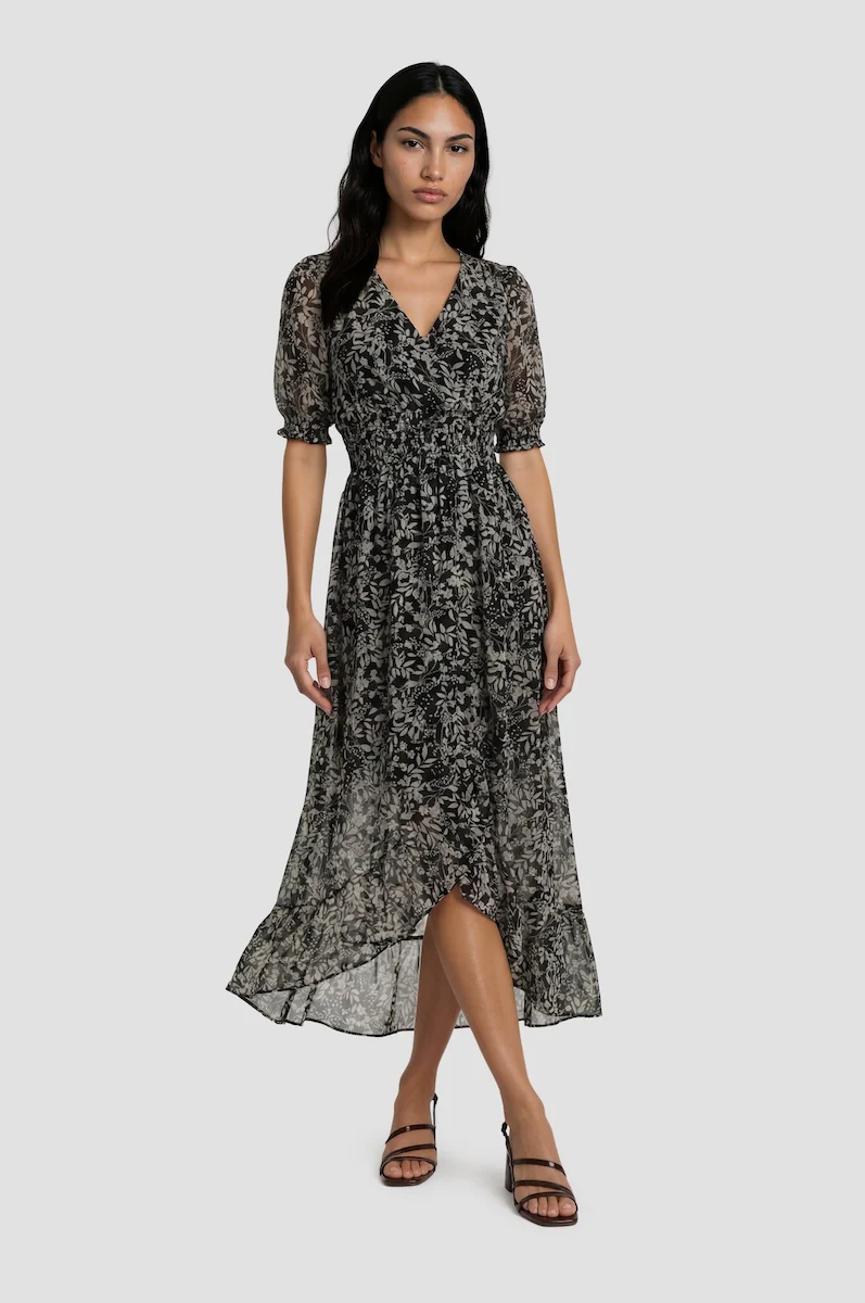 Short Sleeve Chiffon Midi Dress - Black