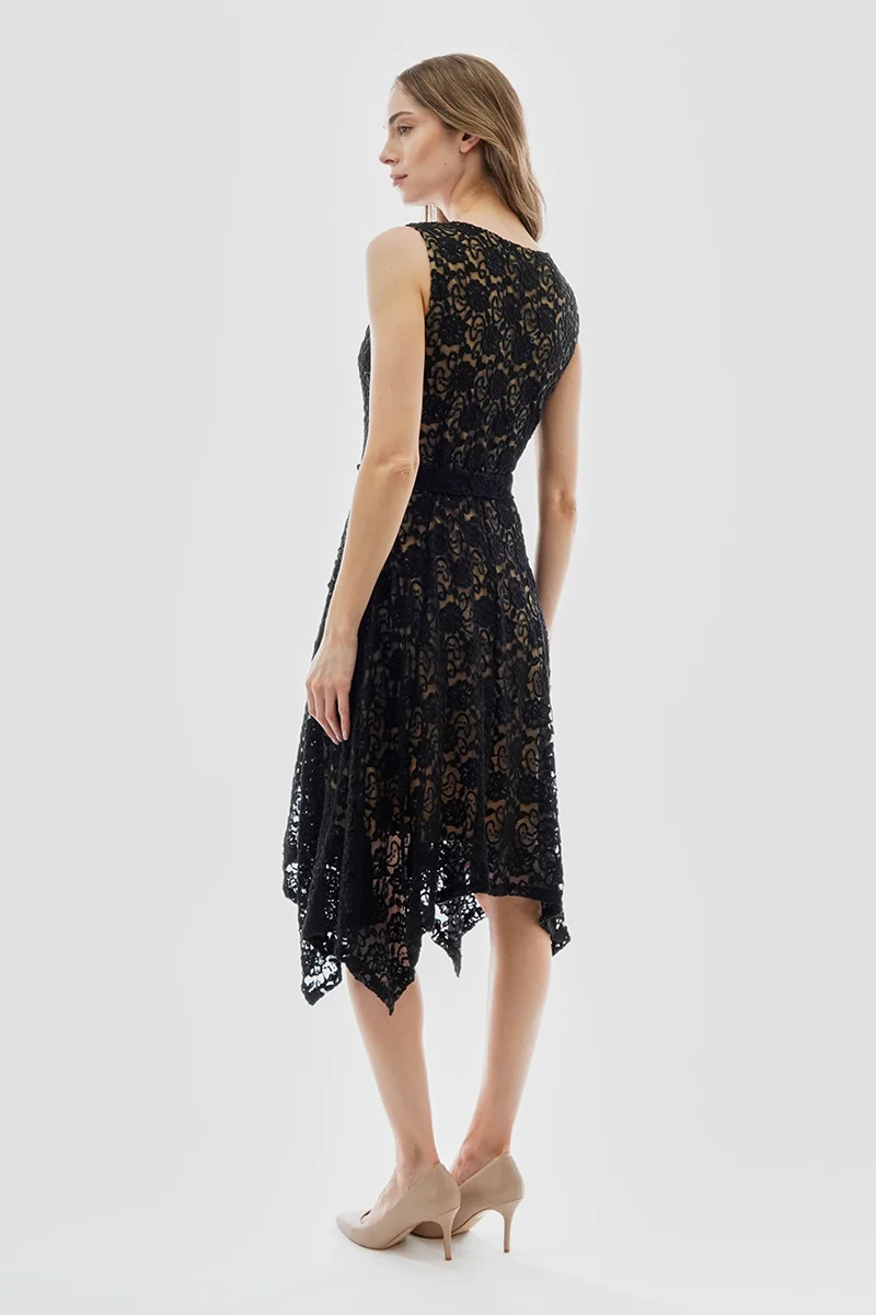 Belted Lace Gold Bar Detail Cocktail Dress - Black - Image 3