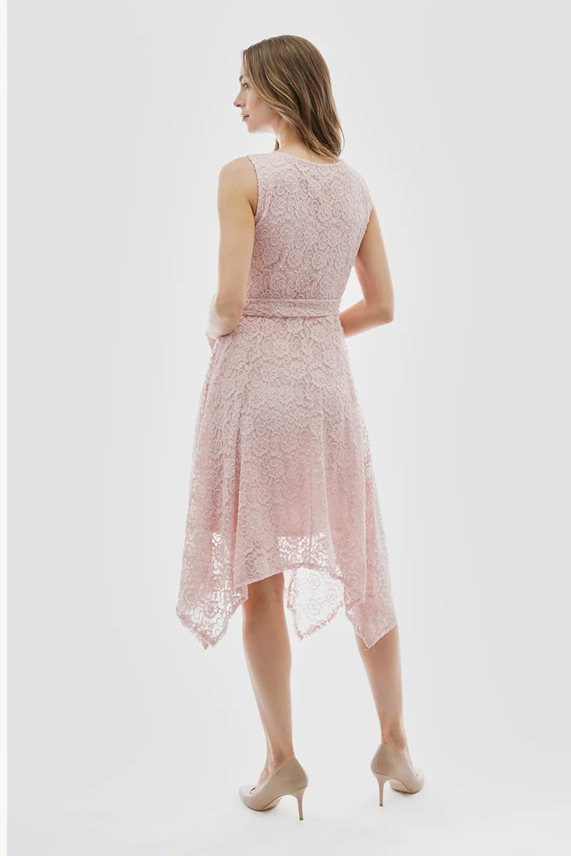 Belted Lace Gold Bar Detail Cocktail Dress - Pink - Image 3