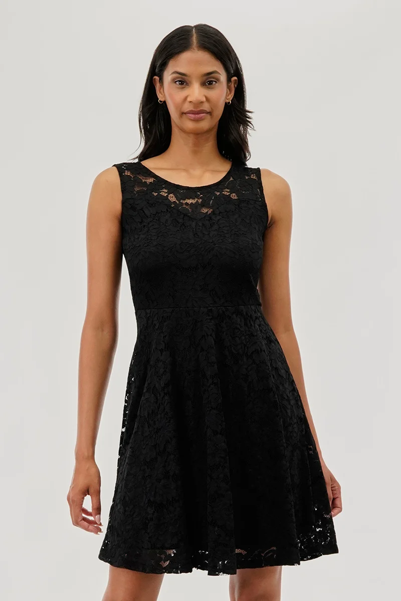 Floral Lace Sleeveless Cocktail Dress - Black