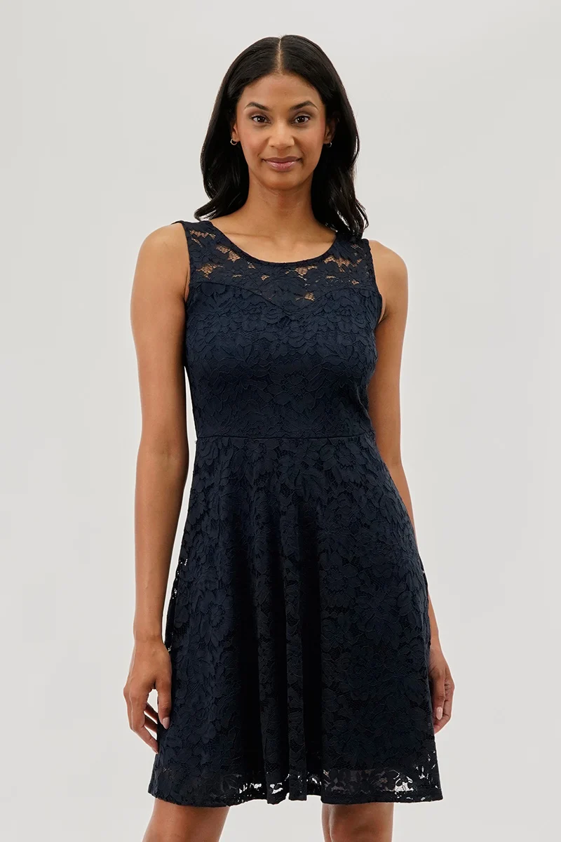 Floral Lace Sleeveless Cocktail Dress - Navy