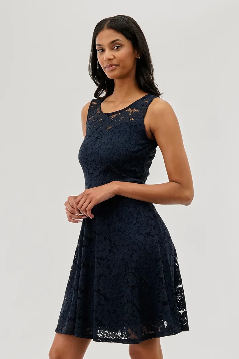 Floral Lace Sleeveless Cocktail Dress - Navy - Image 2