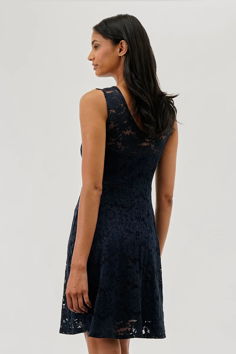 Floral Lace Sleeveless Cocktail Dress - Navy - Image 3