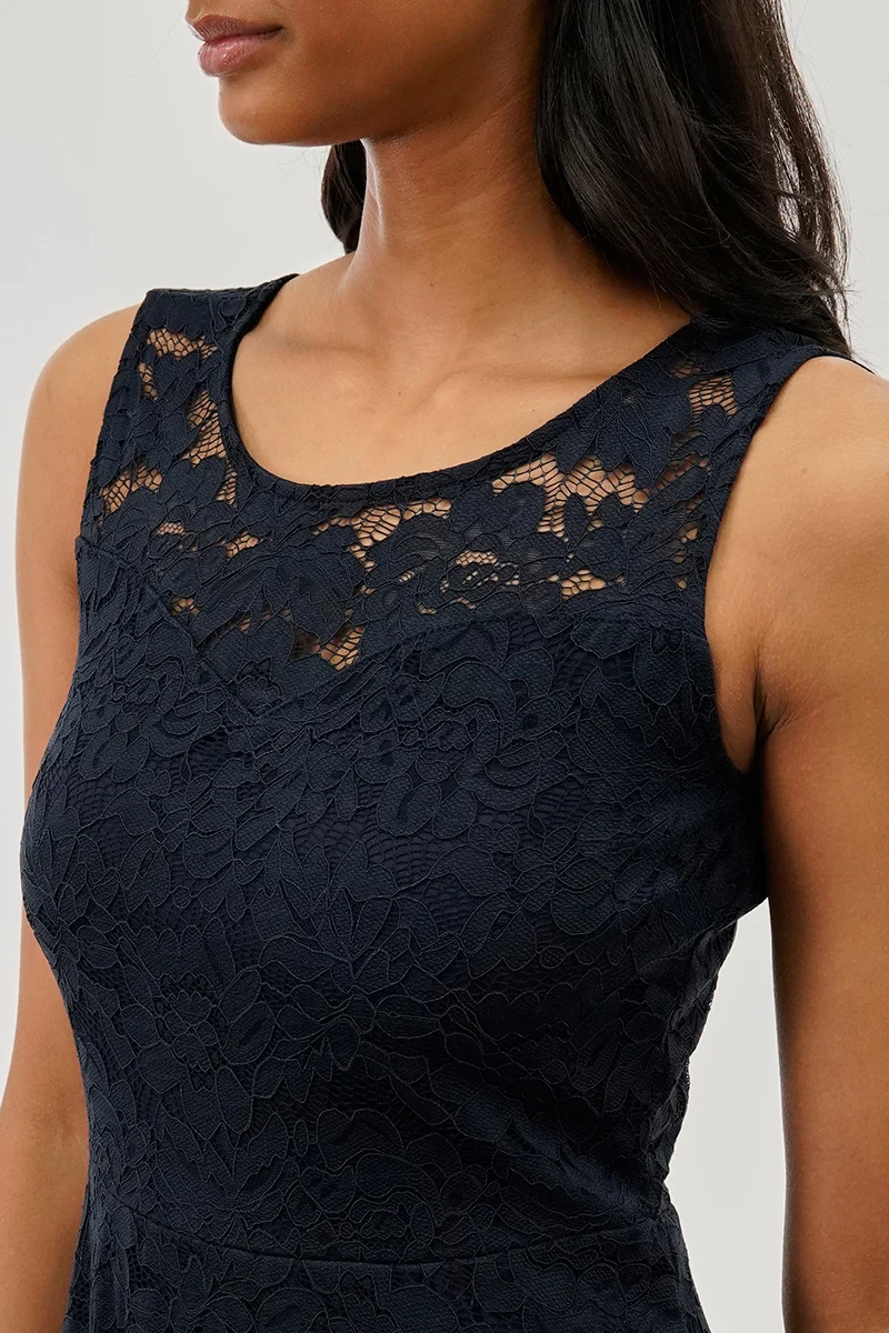 Floral Lace Sleeveless Cocktail Dress - Navy - Image 4