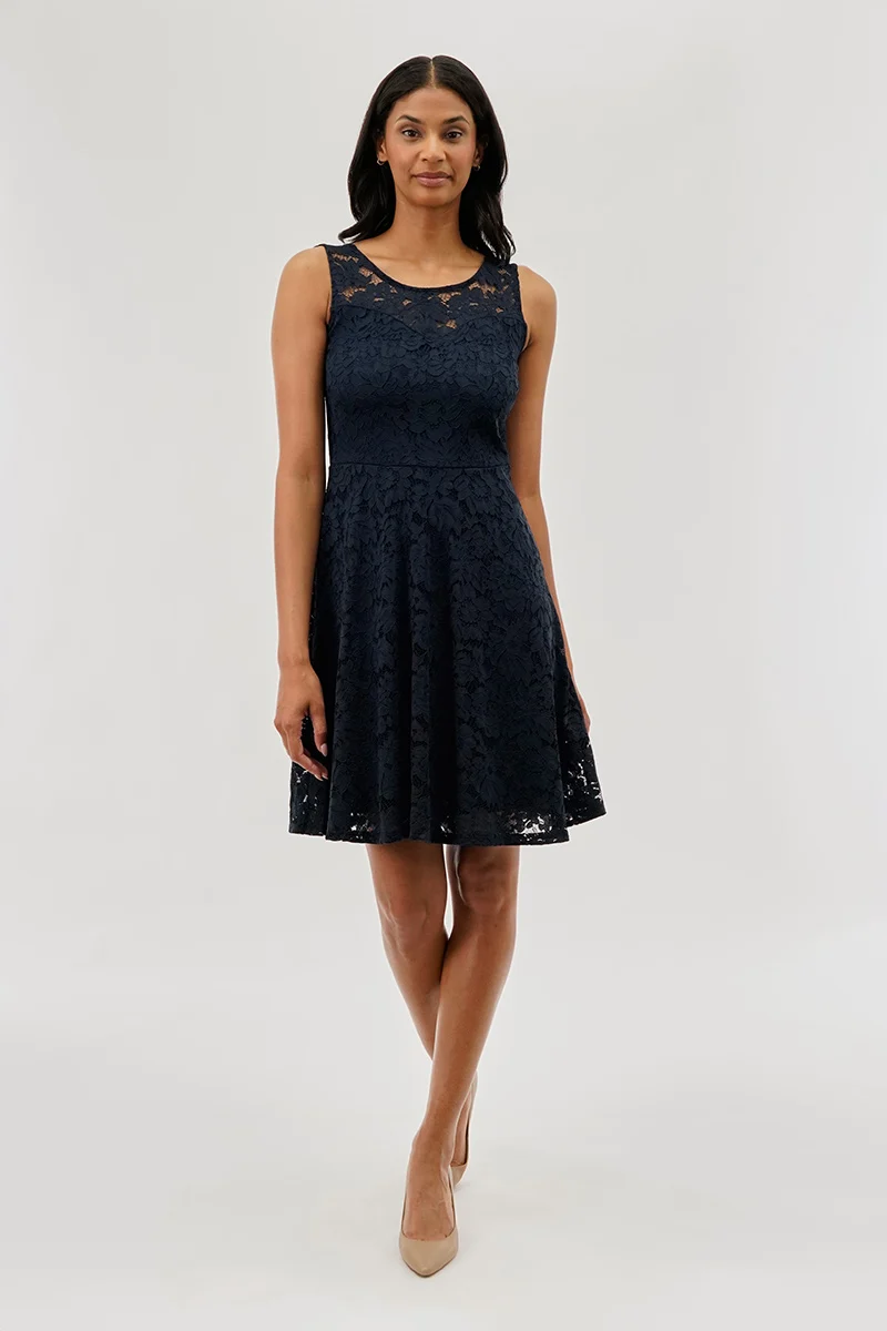 Floral Lace Sleeveless Cocktail Dress - Navy - Image 5