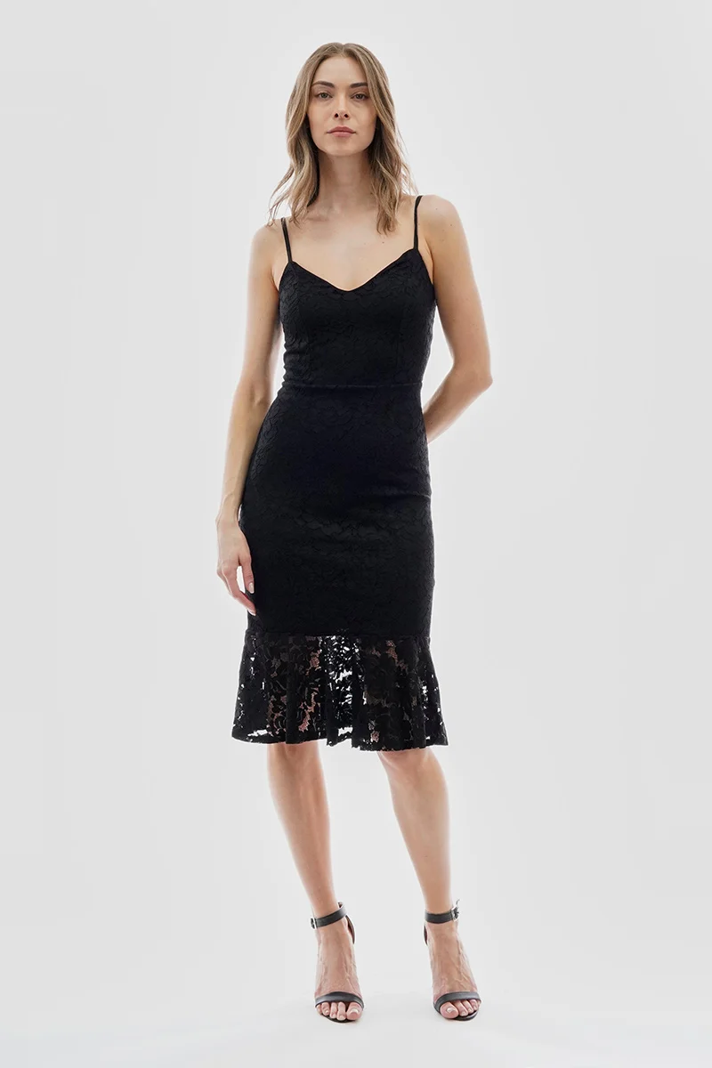 Floral Lace Flounce Hem Cocktail Dress - Black