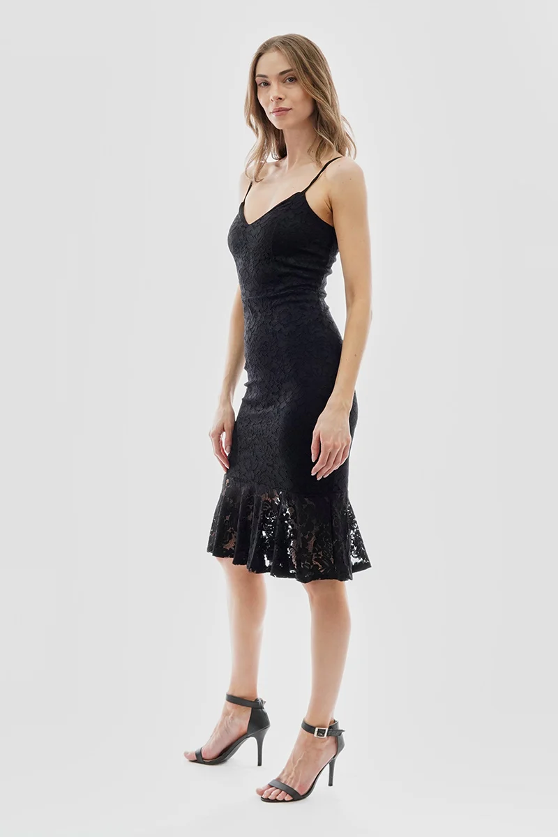 Floral Lace Flounce Hem Cocktail Dress - Black - Image 2