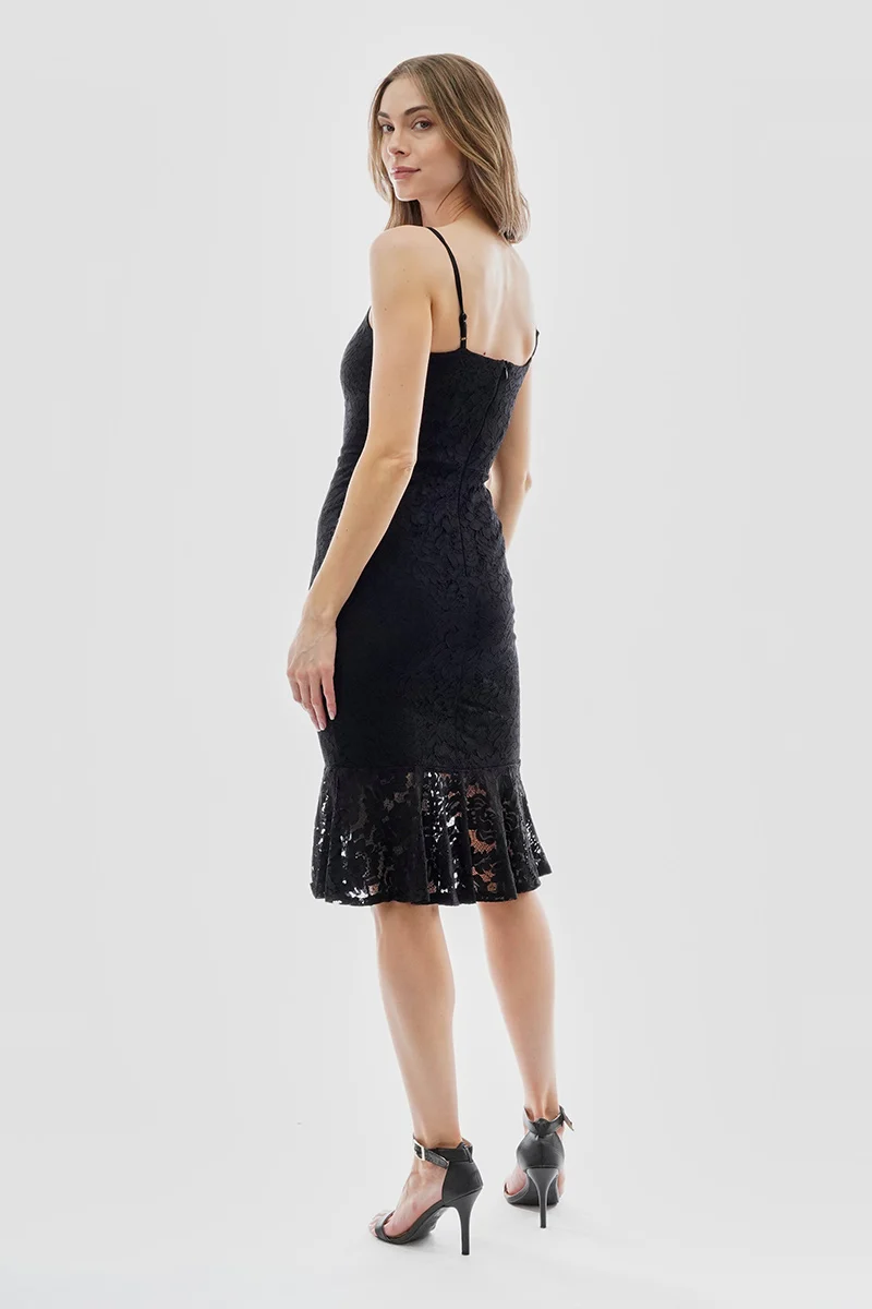 Floral Lace Flounce Hem Cocktail Dress - Black - Image 3