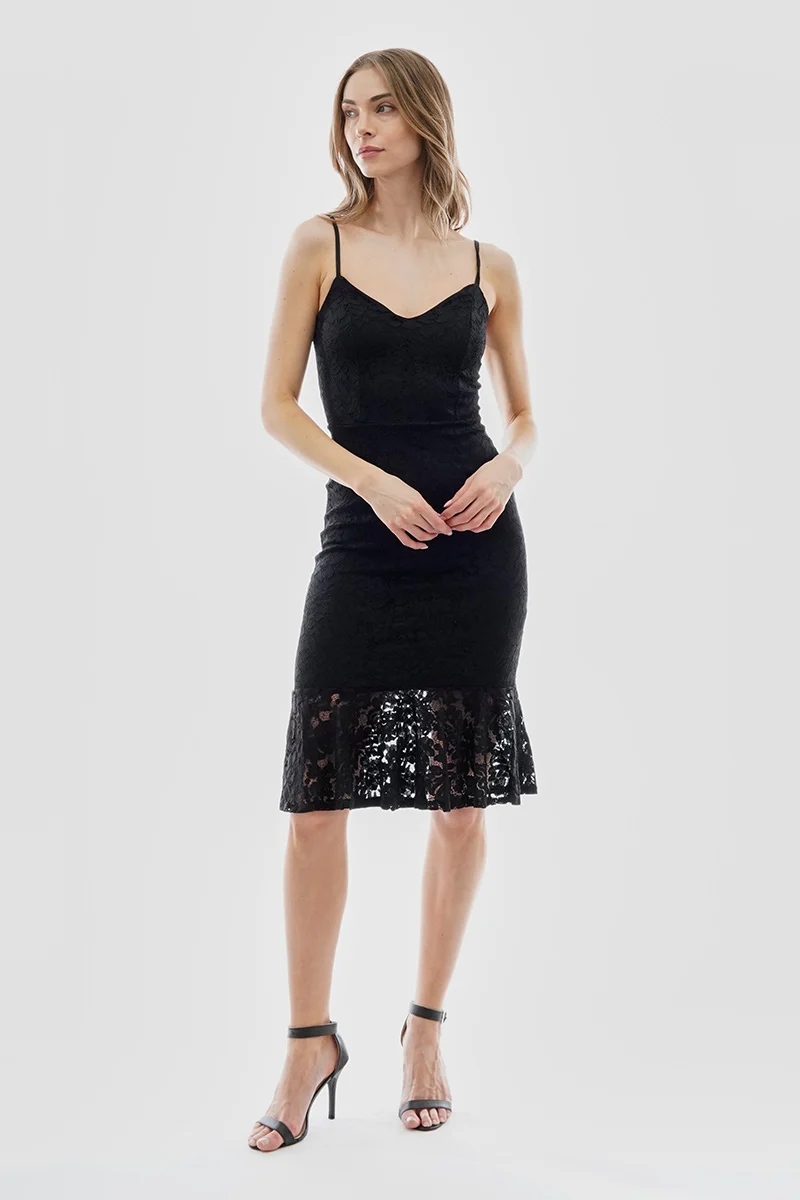 Floral Lace Flounce Hem Cocktail Dress - Black - Image 5