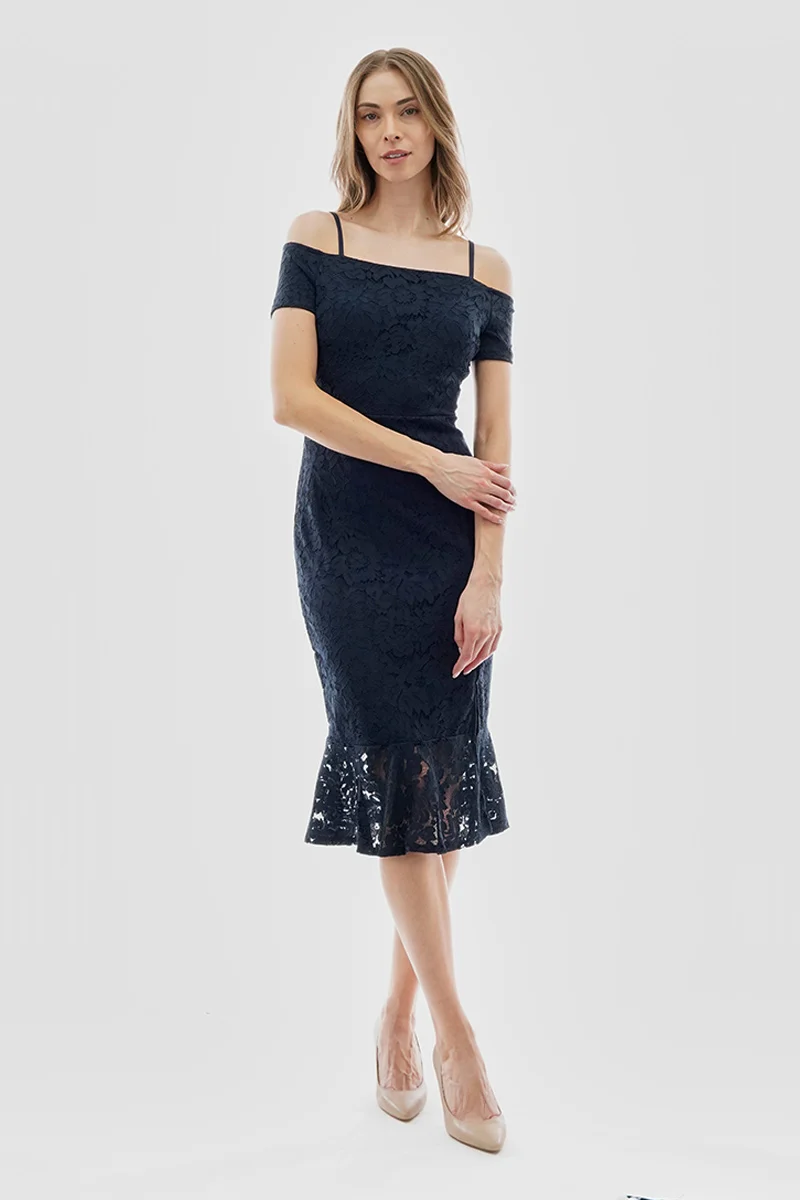 Lace Off Shoulder Side Slit Cocktail Dress - Navy