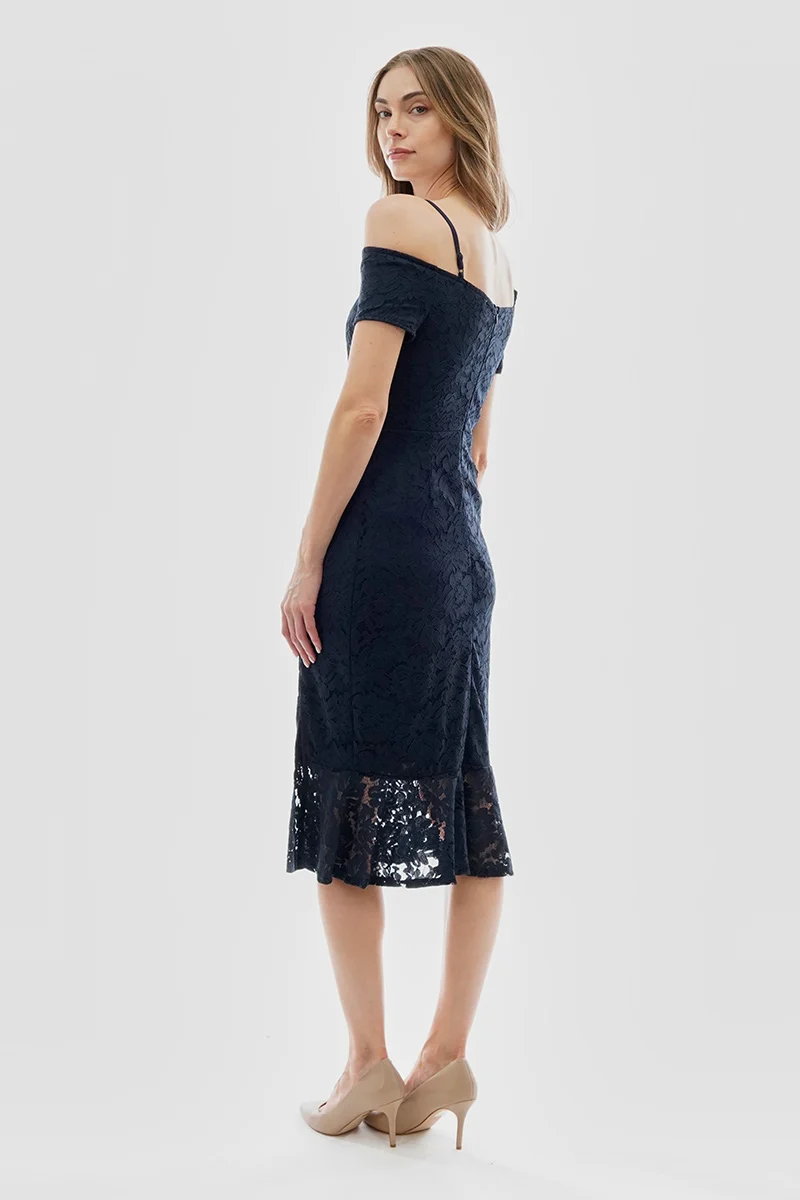 Lace Off Shoulder Side Slit Cocktail Dress - Navy - Image 3