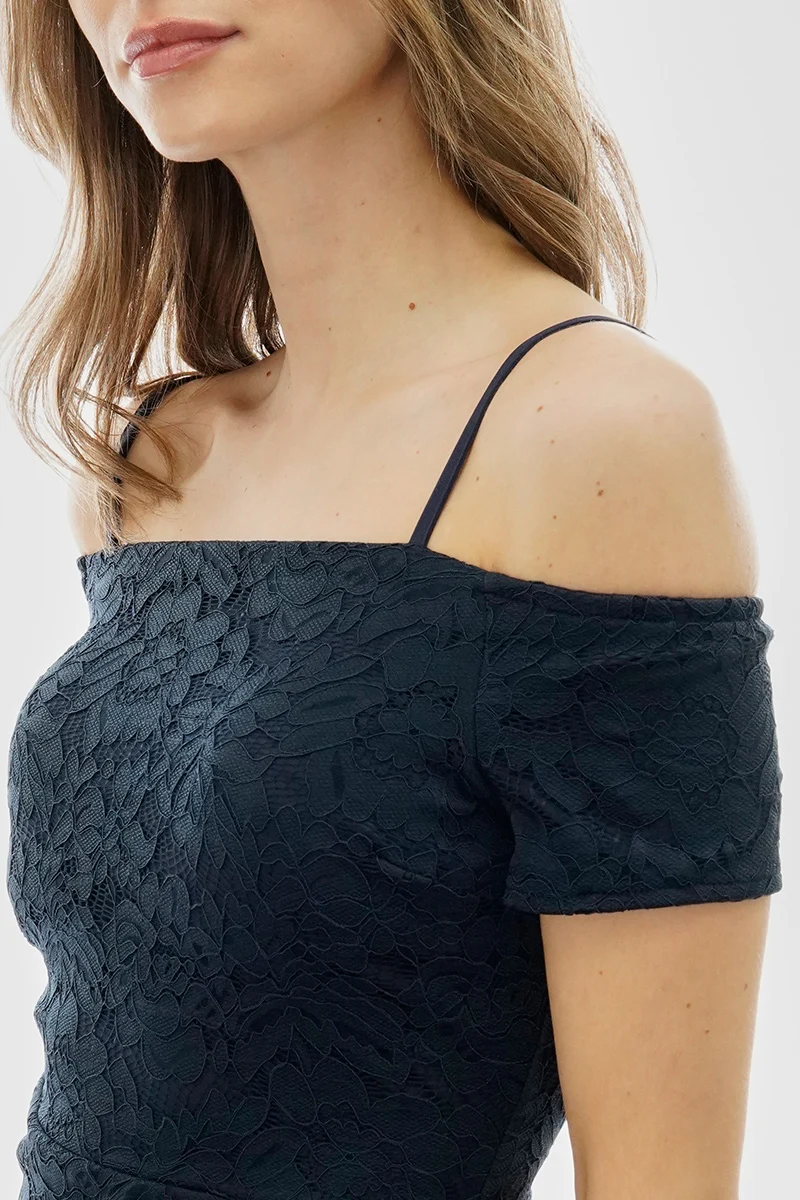Lace Off Shoulder Side Slit Cocktail Dress - Navy - Image 4
