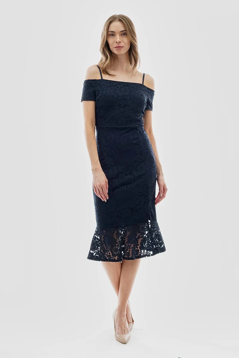 Lace Off Shoulder Side Slit Cocktail Dress - Navy - Image 5