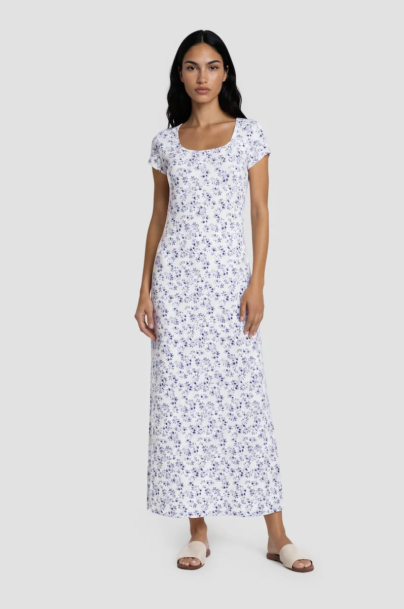 Round Neck Short Sleeve Maxi Dress - White
