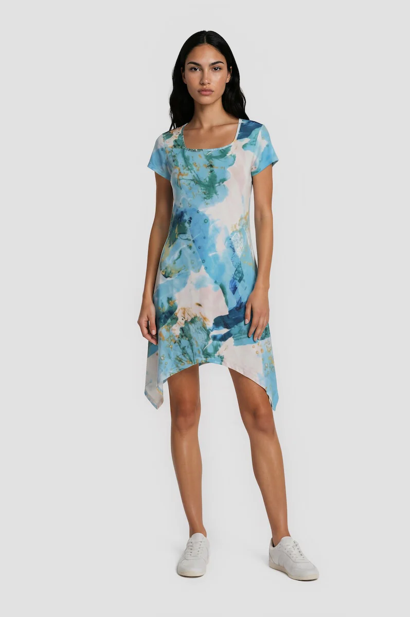 Printed Asymmetrical Dress - Blue
