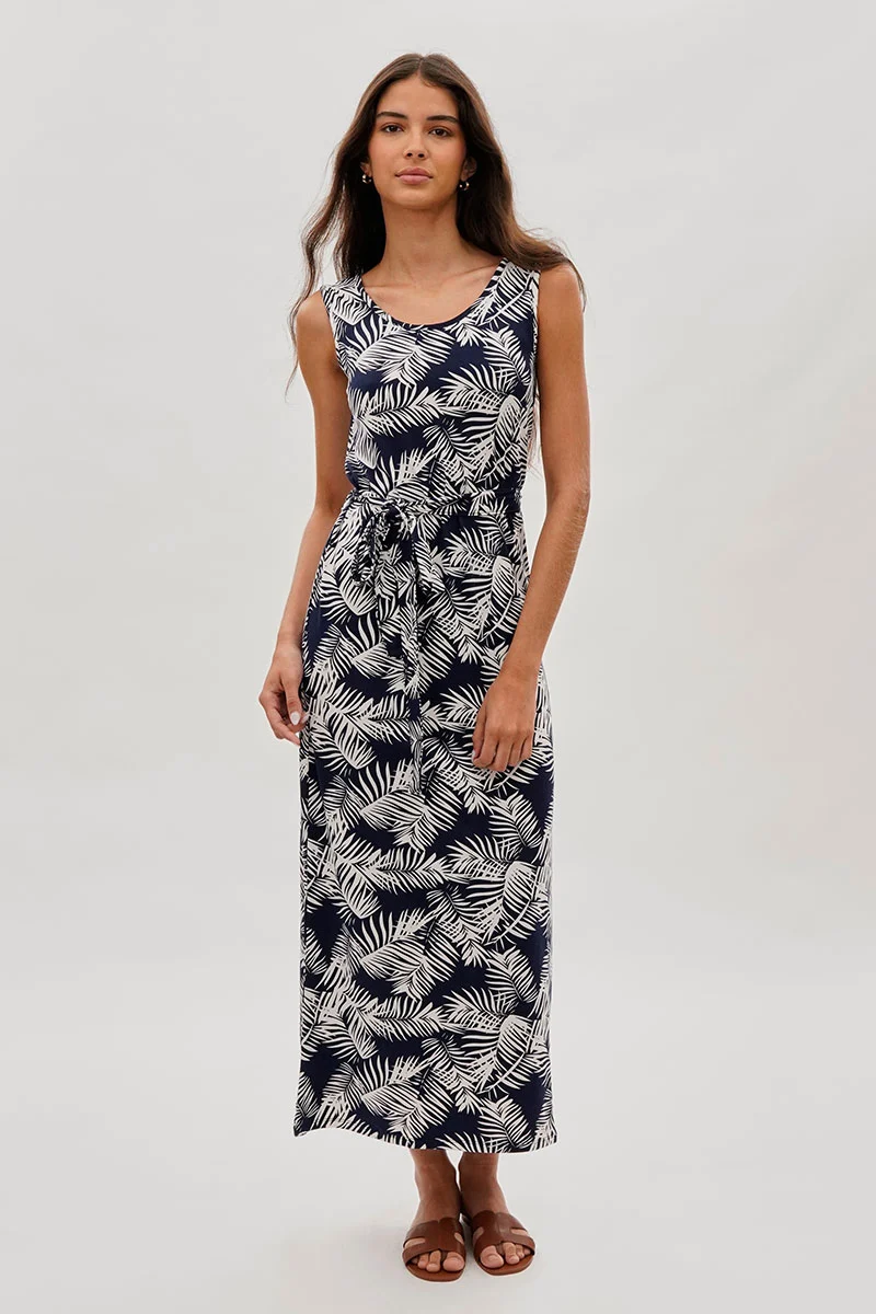 Leaf Print Maxi Dress - Navy