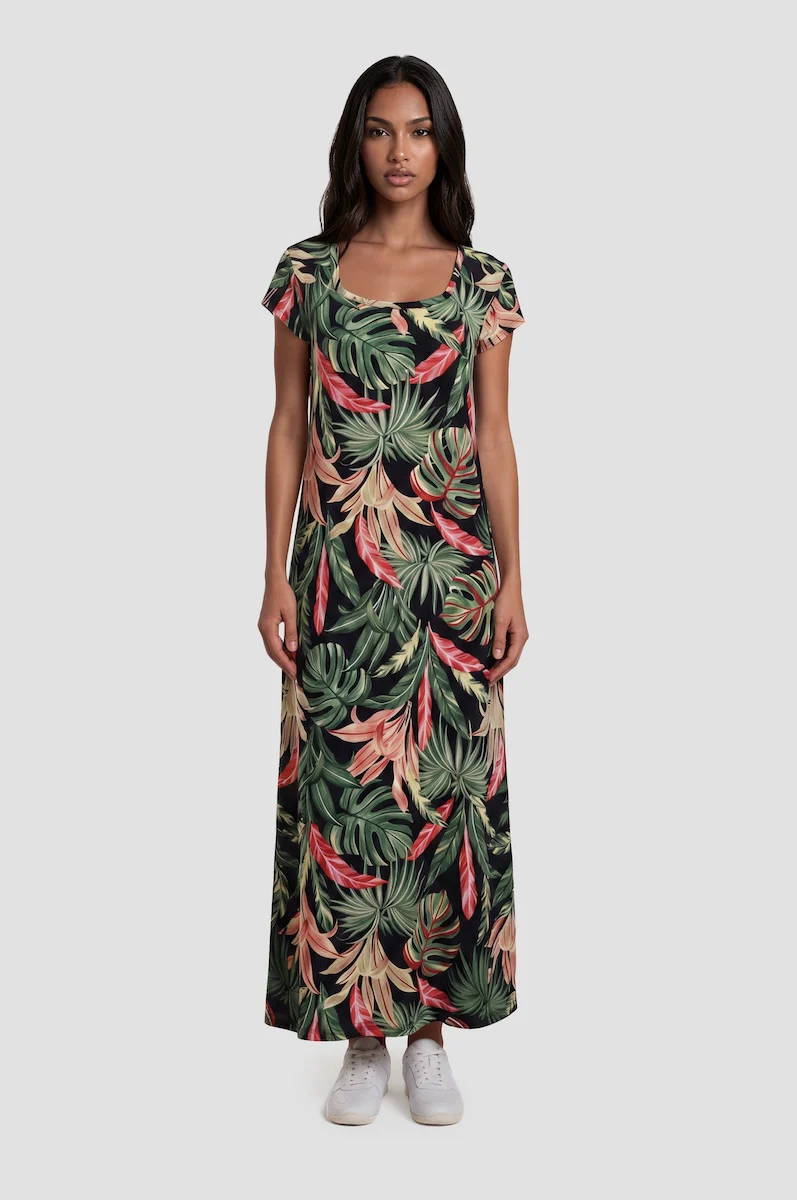 Round Neck Short Sleeve Maxi Dress - Black