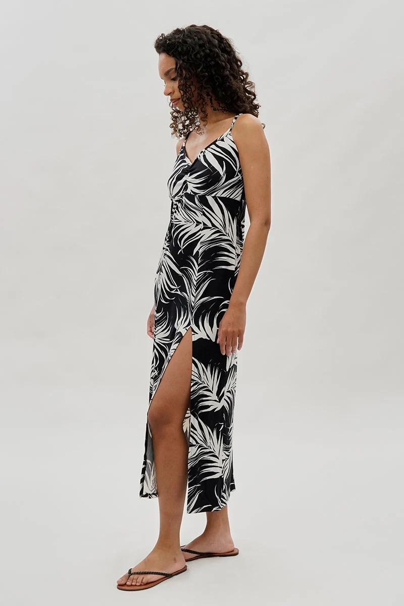 Leaf Print Side Slit Maxi Dress - Black - Image 2