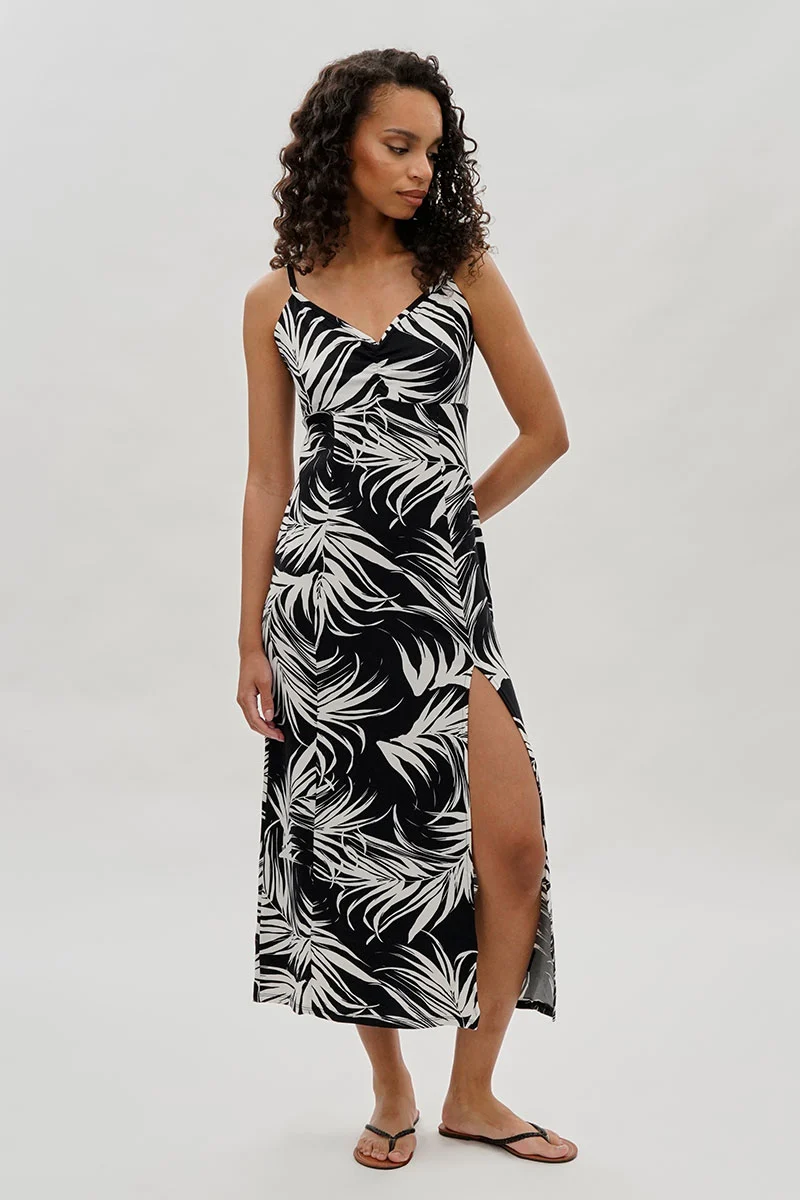 Leaf Print Side Slit Maxi Dress - Black - Image 5