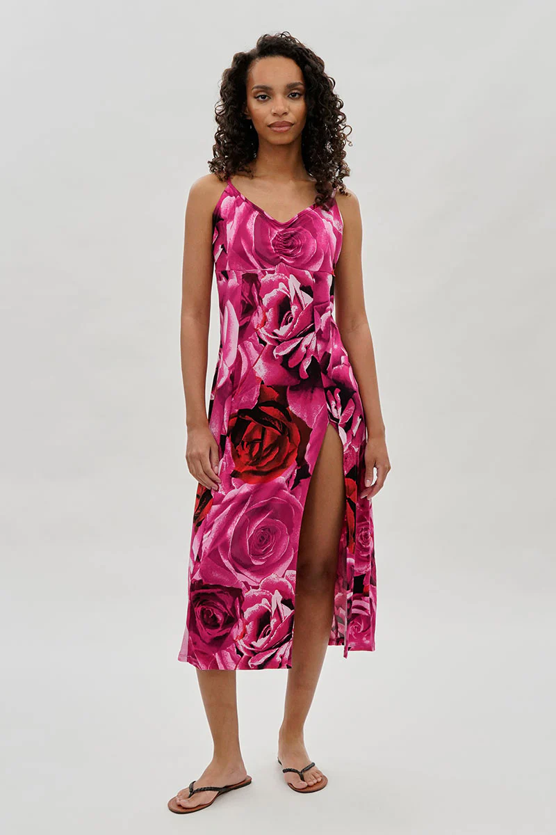 Floral Side Slit Maxi Dress - Pink