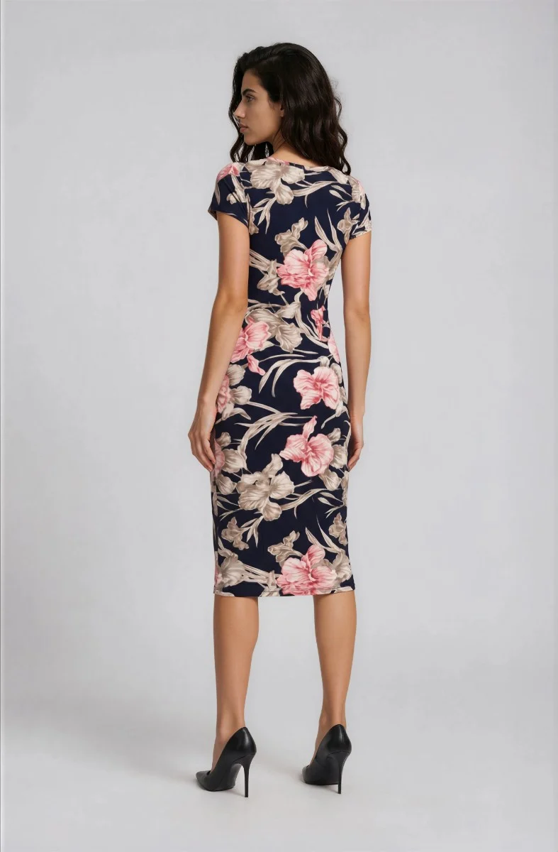 Printed Short Sleeve Midi Dress - Navy - Image 2