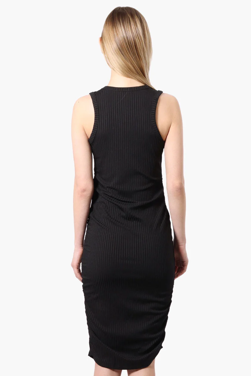 Ribbed Sleeveless Ruched Side Day Dress - Black - Image 3