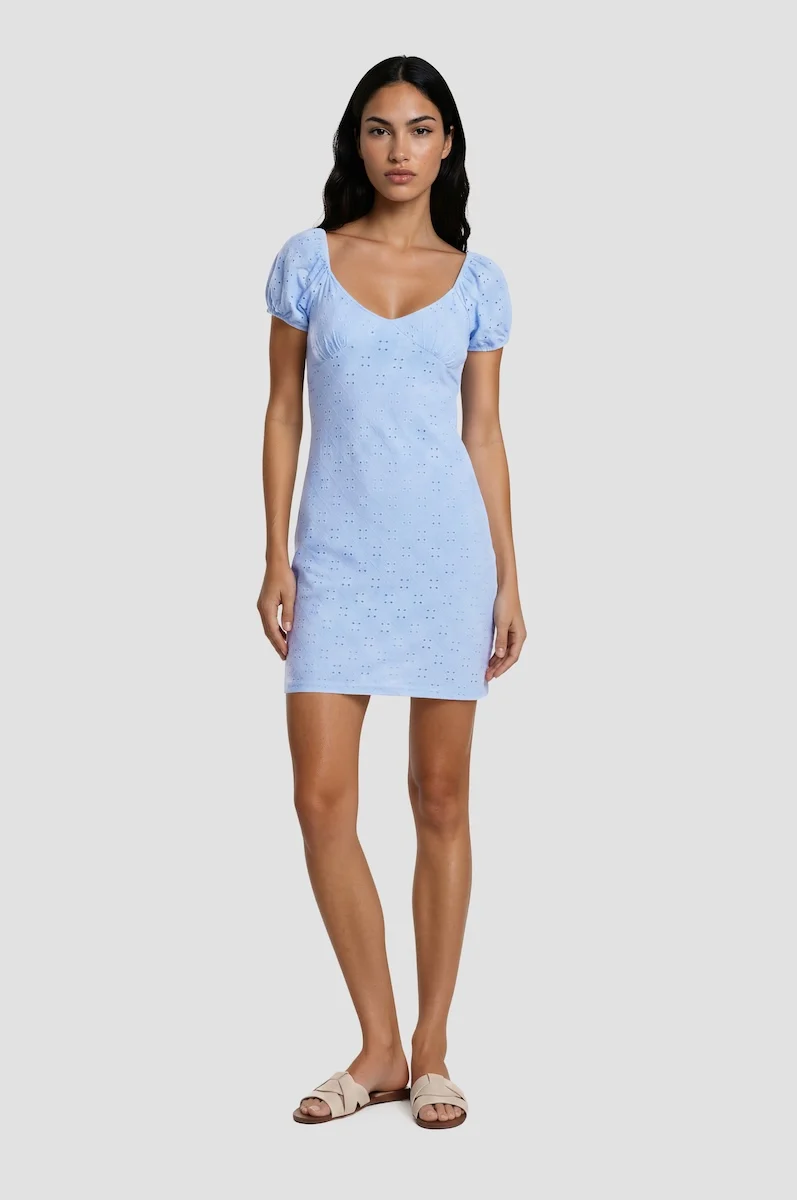 Bell Sleeve V-Neck Mini Dress - Blue