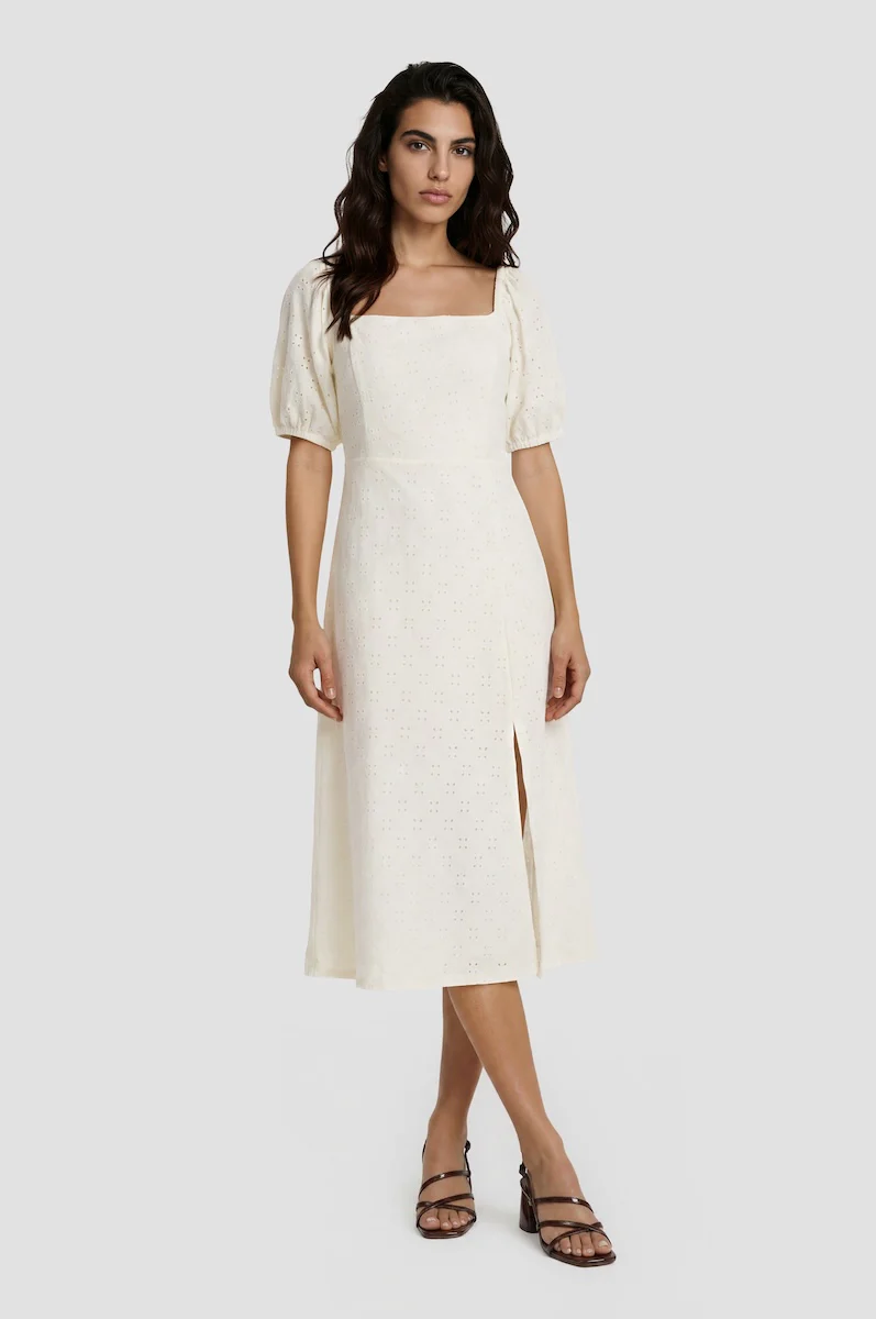 Puff Sleeve Smock Midi Dress - Cream