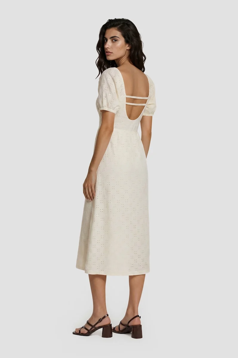 Puff Sleeve Smock Midi Dress - Cream - Image 2