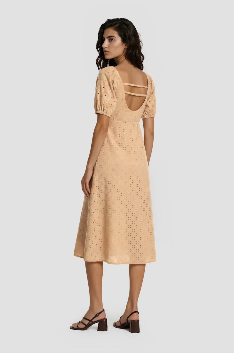 Puff Sleeve Smock Midi Dress - Peach - Image 2