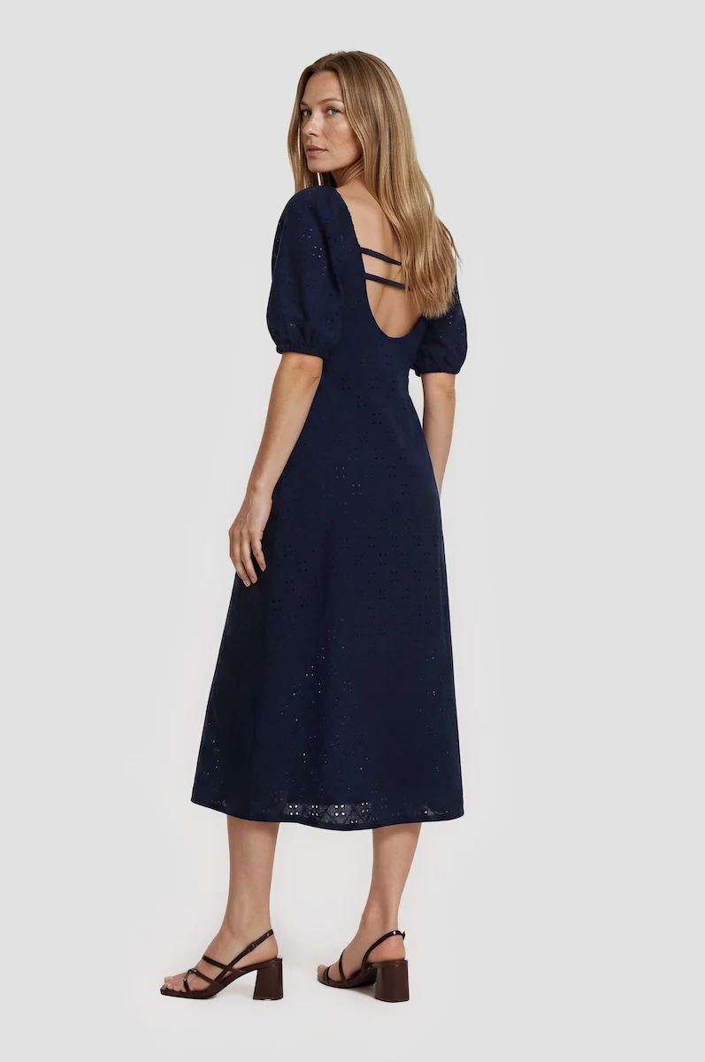 Puff Sleeve Smock Midi Dress - Navy - Image 2