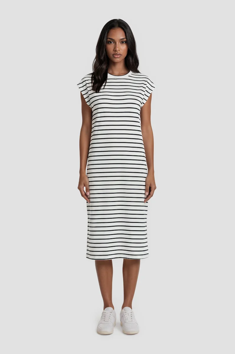 Striped Sleeveless Midi Dress - White