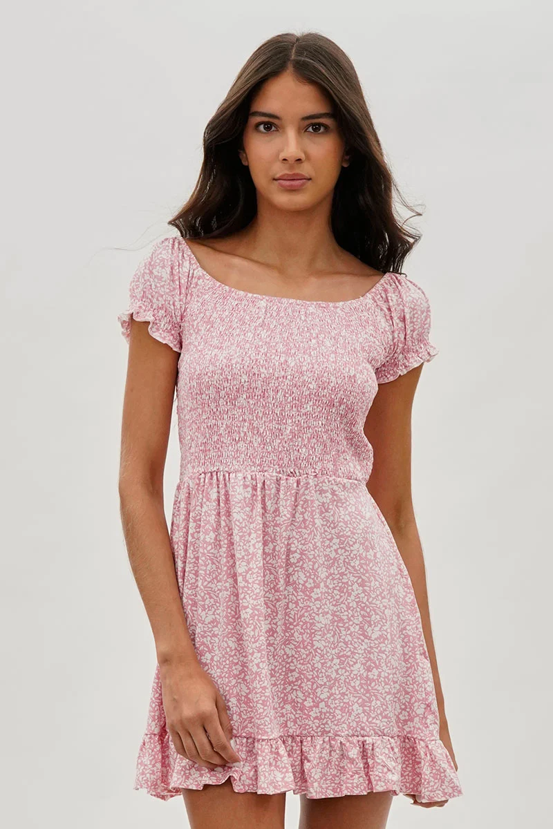 Floral Smocked Short Sleeve Day Dress - Pink