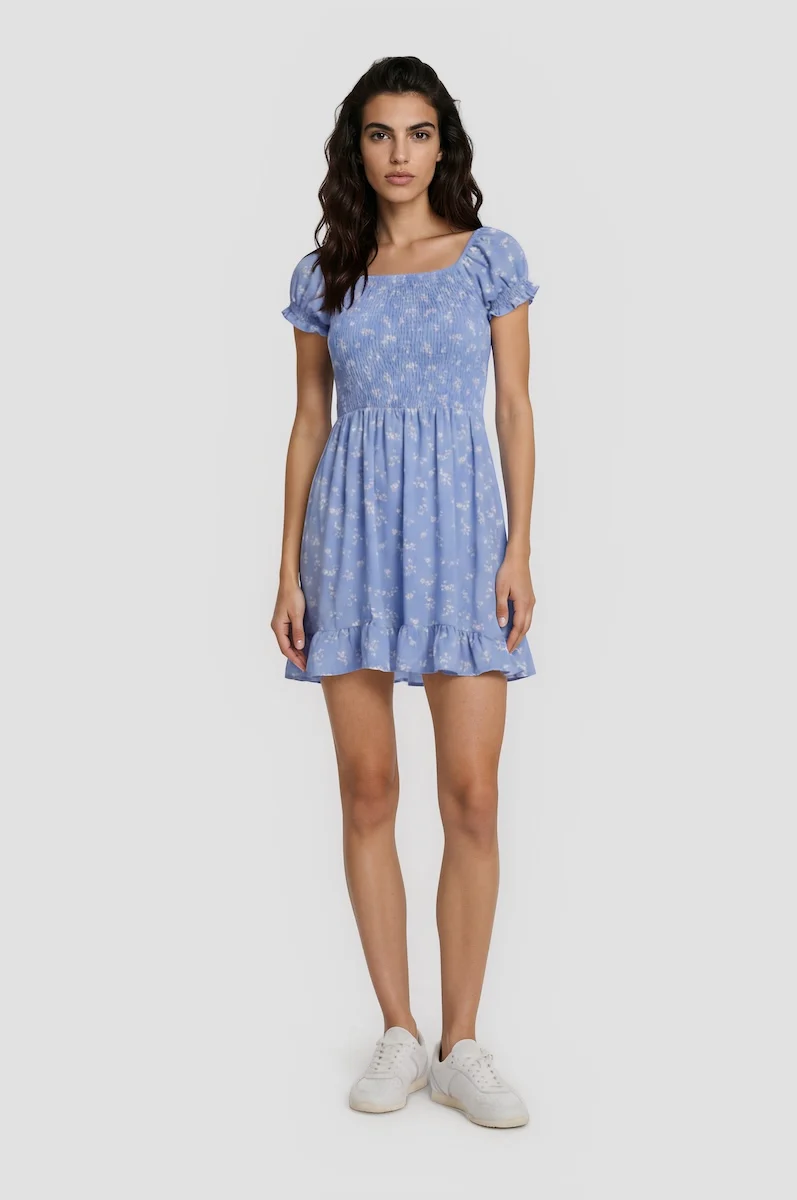 Short Sleeve Smock Sundress - Blue