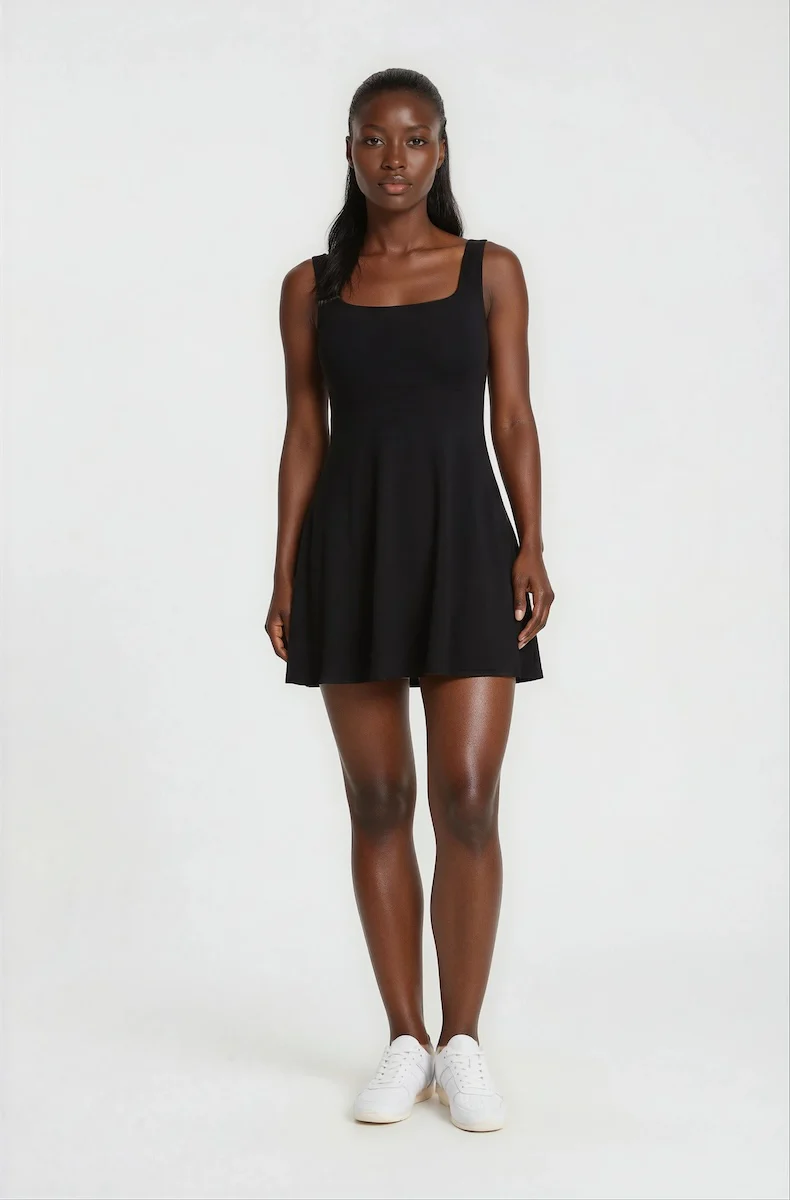 Short Square Neck Skater Dress - Black