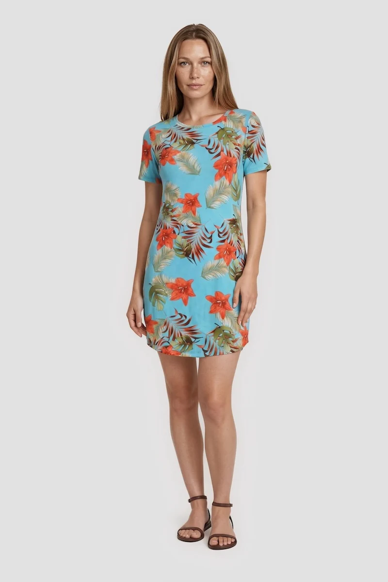Short Sleeve Flower Print Short Dress - Aqua
