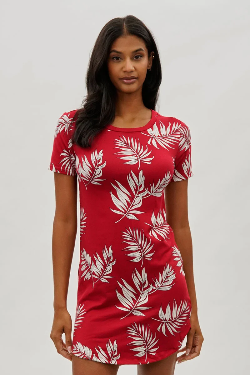 Vintage Leaf Print Short Sleeve Day Dress - Red