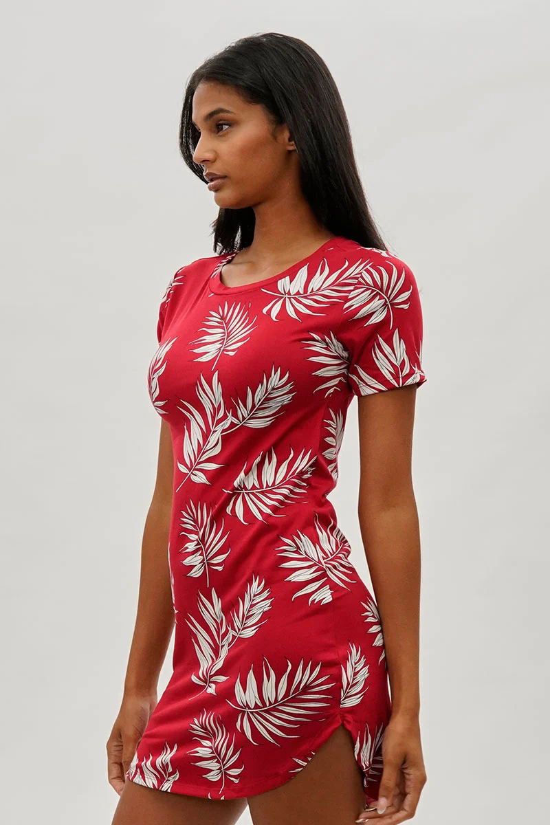 Vintage Leaf Print Short Sleeve Day Dress - Red - Image 2