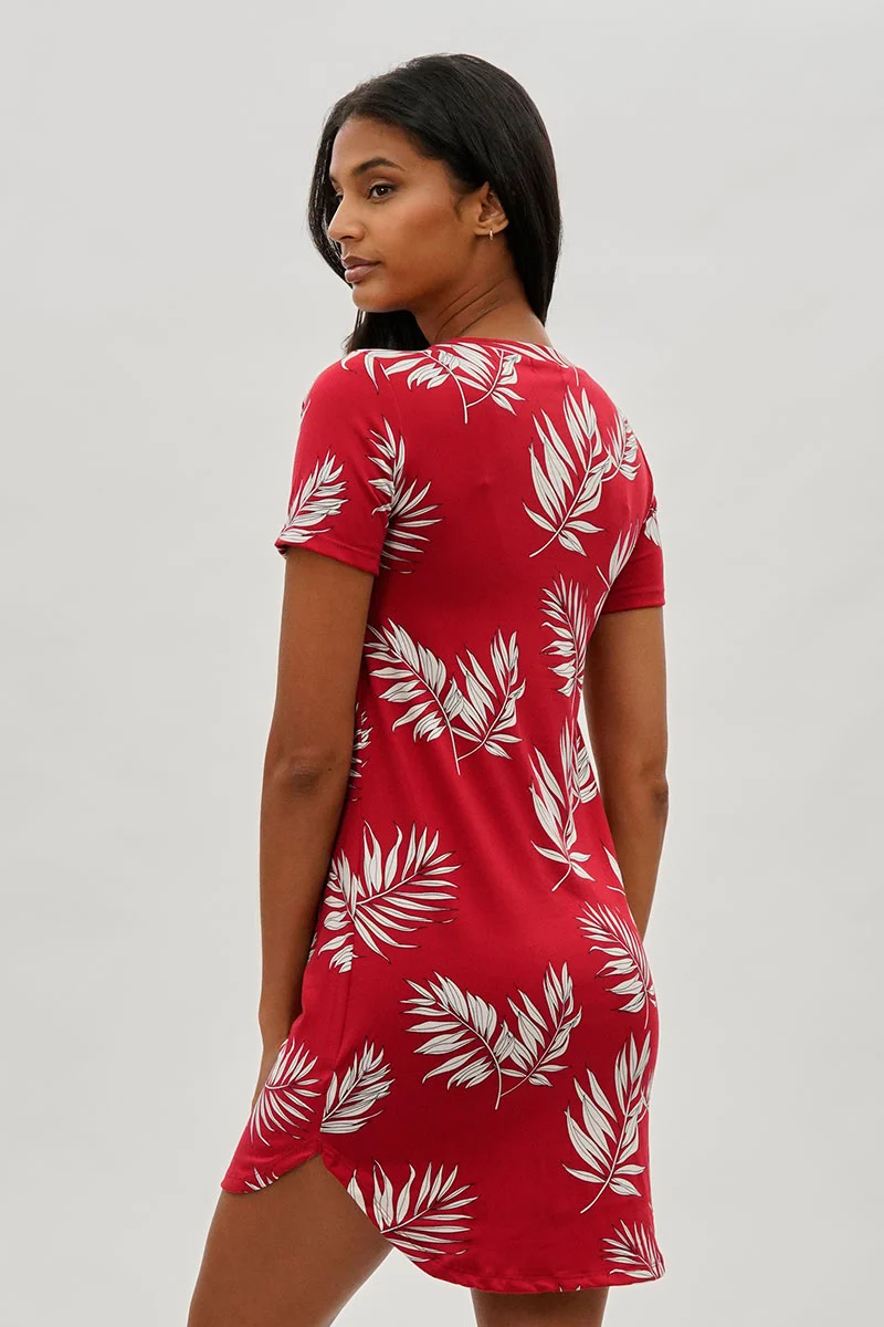 Vintage Leaf Print Short Sleeve Day Dress - Red - Image 3