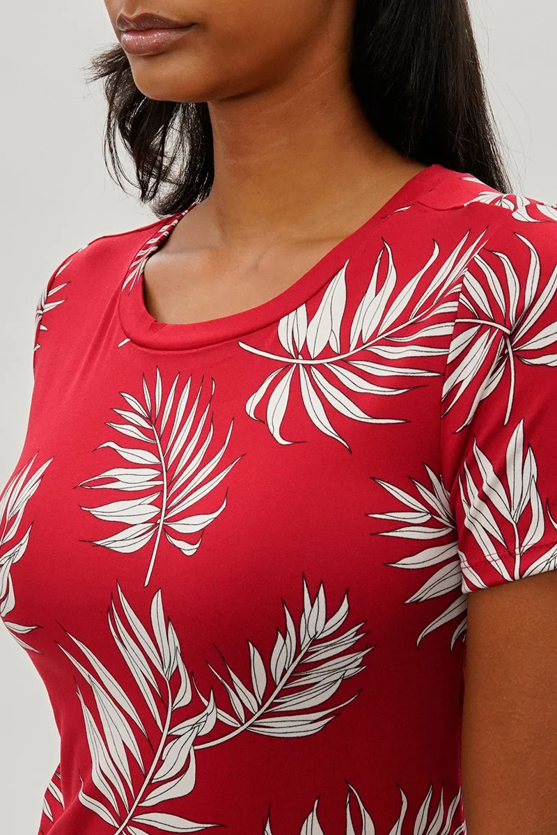 Vintage Leaf Print Short Sleeve Day Dress - Red - Image 4