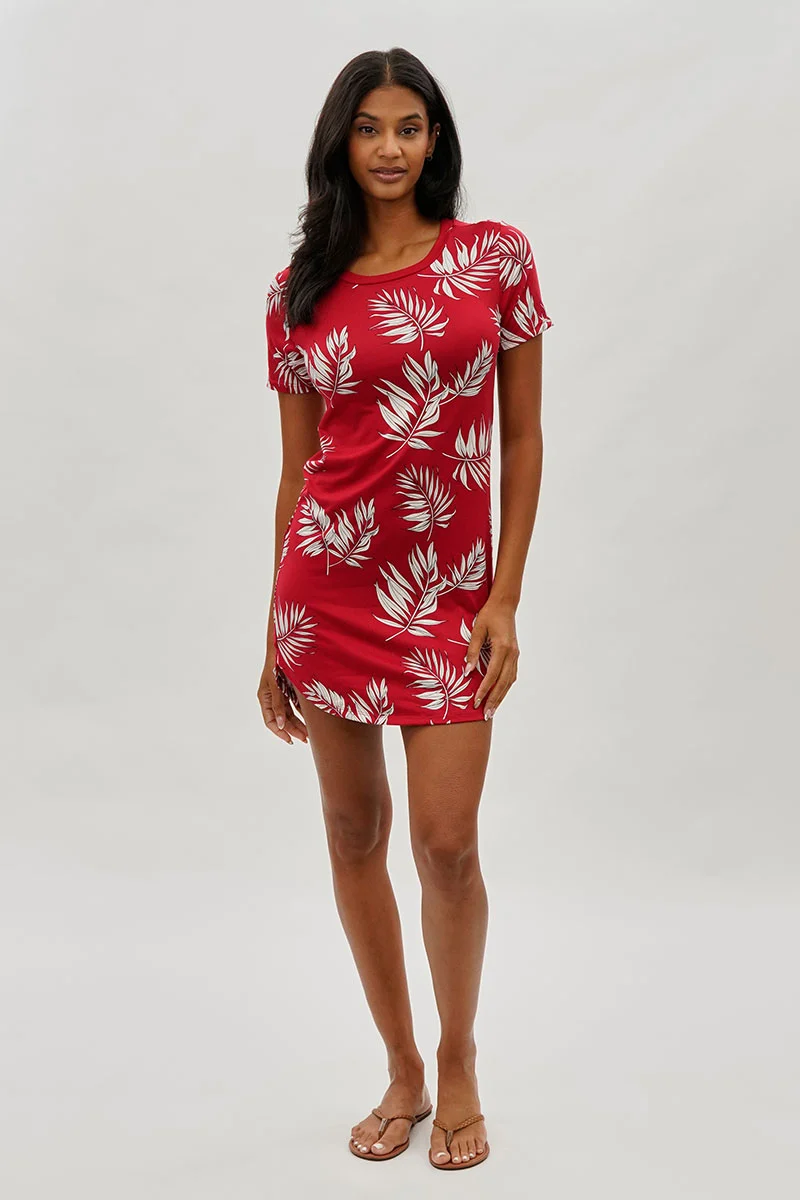 Vintage Leaf Print Short Sleeve Day Dress - Red - Image 5